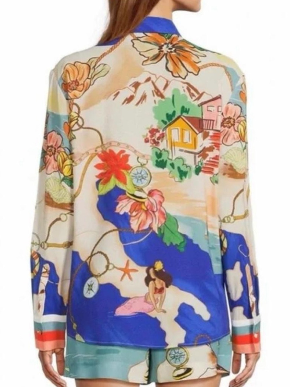 Antonio Melani Polina Linen Long Sleeve Button Down Blouse Ocean Print Large NWT - Picture 3 of 14